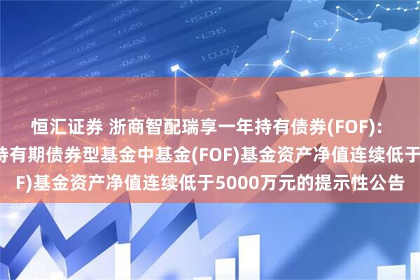 恒汇证券 浙商智配瑞享一年持有债券(FOF): 关于浙商智配瑞享一年持有期债券型基金中基金(FOF)基金资产净值连续低于5000万元的提示性公告